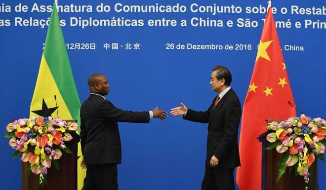 Chinese Foreign Minister Wang Yi shakes hands with his Sao Tome counterpart Urbino Botelho in Beijing. Photo: AFP