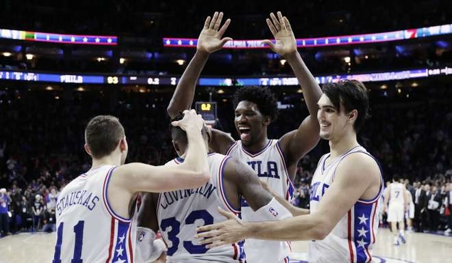 Philadelphia 76ers celebrate against the Minnesota Timberwolves. Photo: AP