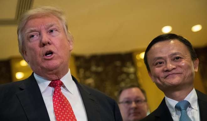 US president-elect Donald Trump and Jack Ma, founder of Alibaba, speak to reporters following their meeting at Trump Tower. Photo: AFP