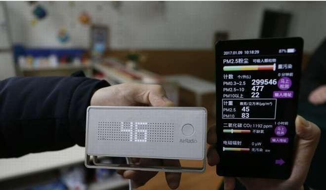 New monitoring equipment at Xian Hi-Tech Kindergarten helps teachers to check on air pollution levels inside classrooms. Photo: Handout