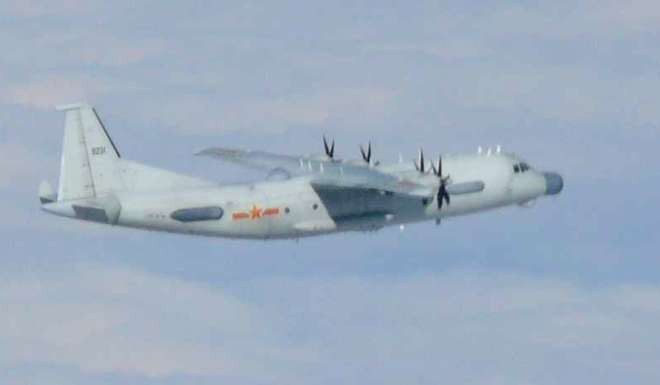 An image released by Japan’s Ministry of Defence of a Chinese Shaanxi Y-9 transport aircraft flying over the over the Sea of Japan on Monday. Photo: Japan’s Ministry of Defence.