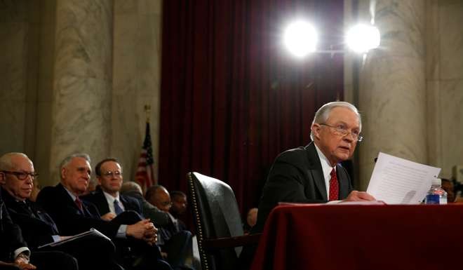 Jeff Sessions testifies during a Senate Judiciary Committee confirmation hearing for his nomination to become USattorney general on Capitol Hill in Washington on Tuesday. Photo: Reuters