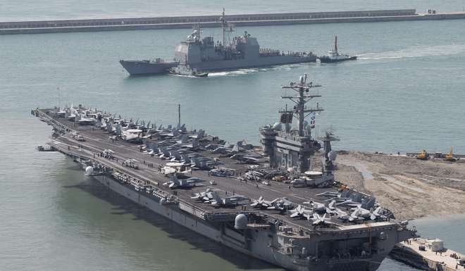 The nuclear-powered aircraft carrier USS Nimitz docks in Busan, South Korea. Photo: EPA