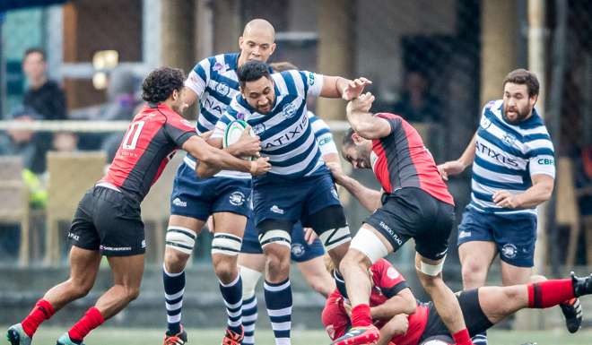 Marcus Slade carries for HKFC against Valley in the Hong Kong Premiership on Saturday.