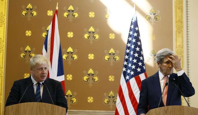 British Foreign Secretary Boris Johnson and US Secretary of State John Kerry attend a joint press conference following their first meeting in July, 2016. File photo: AFP