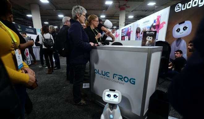 Buddy, the companion robot from Blue Frog, on display on the showroom floor at the 2017 Consumer Electronics Show in Las Vegas, Nevada. The robot provides entertainment, security, elderly care and a smart home. Photo: AFP