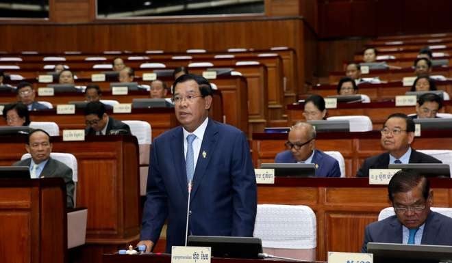 Cambodian Prime Minister Hun Sen speaking during parliament at the National Assembly building in Phnom Penh. Photo: AFP