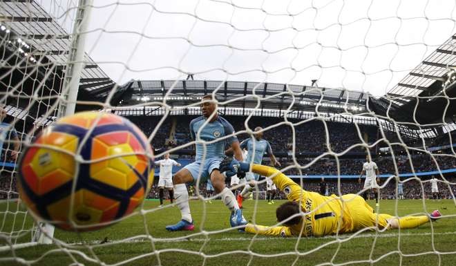 Manchester City's Gabriel Jesus finds the net late on in the match. Photo: Reuters
