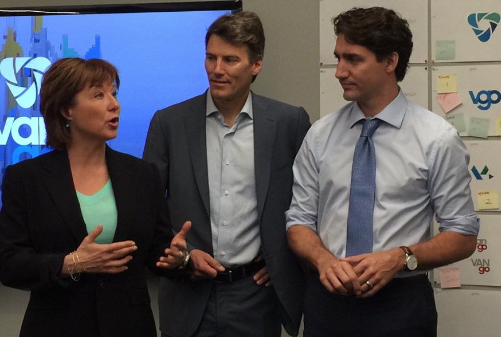 B.C. Premier Christy Clark chats with Vancouver Mayor Gregor Robertson and Prime Minister Justin Trudeau during a tour of Microsoft's new excellence centre in Vancouver. Photo: Glen Korstrom